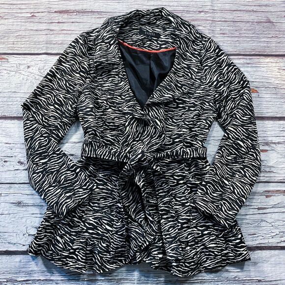 Sandro Womens Jacket size Medium Black Cream Animal Print Tie Waist Lined Ruffle - Picture 2 of 9